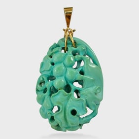 Fine Animal  Eating Fruit Carved Turquoise Pendant 14k Gold Bail