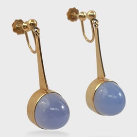 Fine 14K Yellow Gold Lavendar Moonstone Cabochon  Screw Back Drop Dangle Clip Screw Back Earrings
