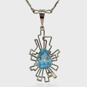 Fine 18K White Gold Aquamarine Modernist Pendant Necklace On 14K White Gold Chain Necklace 19 Inches