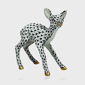 Fine HEREND First Edition Fawn Black White Fishnet Porcelain Figurine