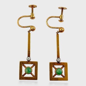 Fine 14K Rose Gold Modernist Diamond & Emerald Screw Back Drop Dangle Earrings