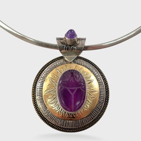Fine Egyptian Revival Sterling Silver & Gold Amethyst Scarab Beetle Pendant Collar Necklace