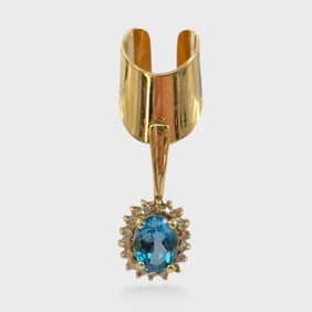 Fine 14K Yellow Gold Oval Blue Topaz & Diamond Halo Drop Dangle Ear Cuff