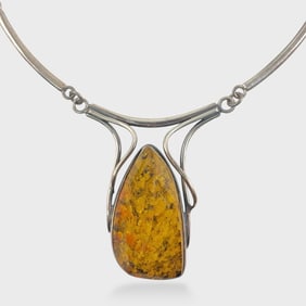 Fine Sterling Silver Modernist Baltic Amber Pendant Necklace