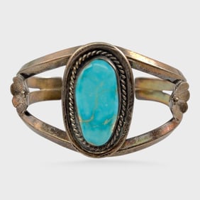 Lucy Toledo Signed Native American Navajo Pawn Silver Turquoise Cuff Bracelet