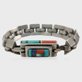 Jimmy King Jr. Native American Navajo Sterling Silver Channel Inlay Link Bracelet