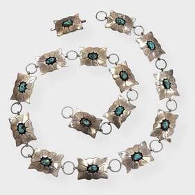 Artist Signed KT Sterling Silver Native American Navajo Turquoise Concho Belt 235 Grams