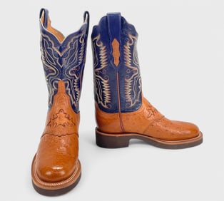 Lucchese 2000 NIB Ladies Size 6.5B Saddle Tan & Blue Goat Leather Cowboy Boots