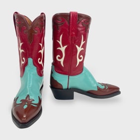 Lucchese 1883 Laides Size  6B Red, Turquoise & Brown Goat Leather Cowboy Boots w/ Original Box