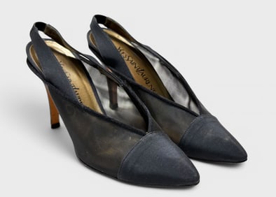 Yves Saint Laurent YSL Size 7.5M Slingback Heels: Black Mesh And Fabric Pointed-Toe Design w/ Gold