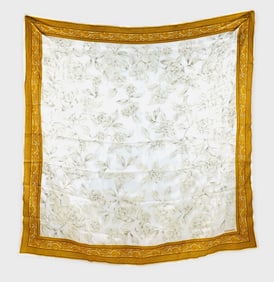 Chanel Silk Scarf w/ Beige Floral Print, Gold Ornate Border, Including Box