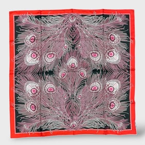 Liberty Silk Scarf Including Box w/ Black, Red, And Pink Peacock Feather Design NIB