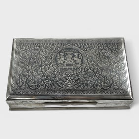 Fine Thai Sterling Silver Niello Hinged Top Vanity Box Burl Wood Inset - 409 Grams