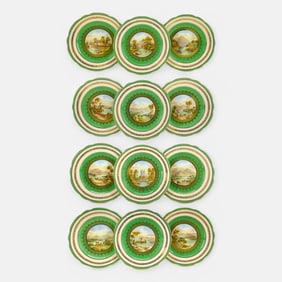Set of Twelve Aynsley English Porcelain Hand Painted Scottish Landscape Cabinet Plates by Bentley