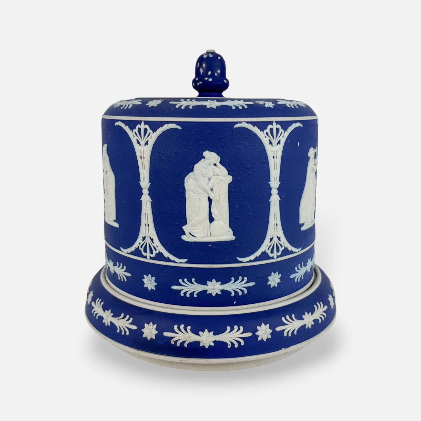 Antique Dudson Jasperware Porcelain Lidded Cake or Cheese Covered Dish: Ca. last quarter 19thC. Very good condition with no cracks or repairs to top or base, only age-appropriate light surface dings and minor white loss; see manufacturing issue to handle. this one is a ra