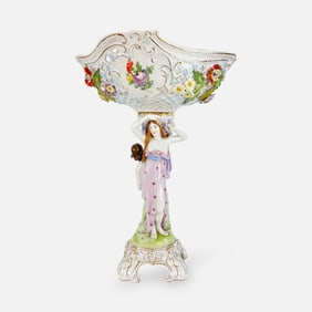 Large 17" Dresden Two-Piece Painted Potschappel German Porcelain Compote Nude Standard