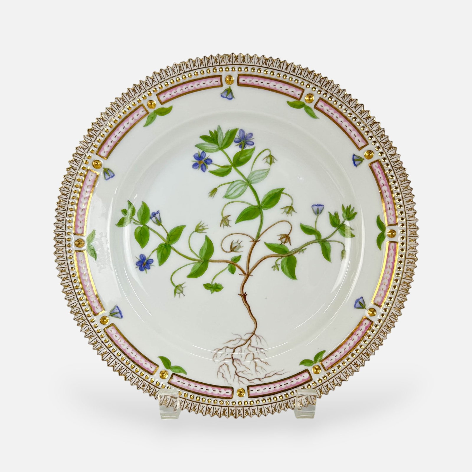 Royal Copenhagen Flora Danica Hand-Painted Porcelain Plate Dish Anagallis coerulea Schreb: Ca. last quarter 20thC. Very good condition, with one nick to one top border tooth of the dish border (see final photo). First of two Flora Danica plates offered in this auction. Simple integrated shi