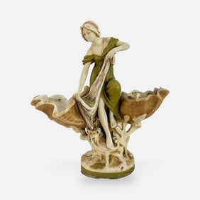 Art Nouveau Royal Dux Porcelain Centerpiece Epergne Young Bohemian Maiden, Drilled