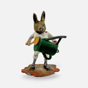 Antique Lead Paint Decorated Rabbit Holding a Watering Can Nodder Figurine