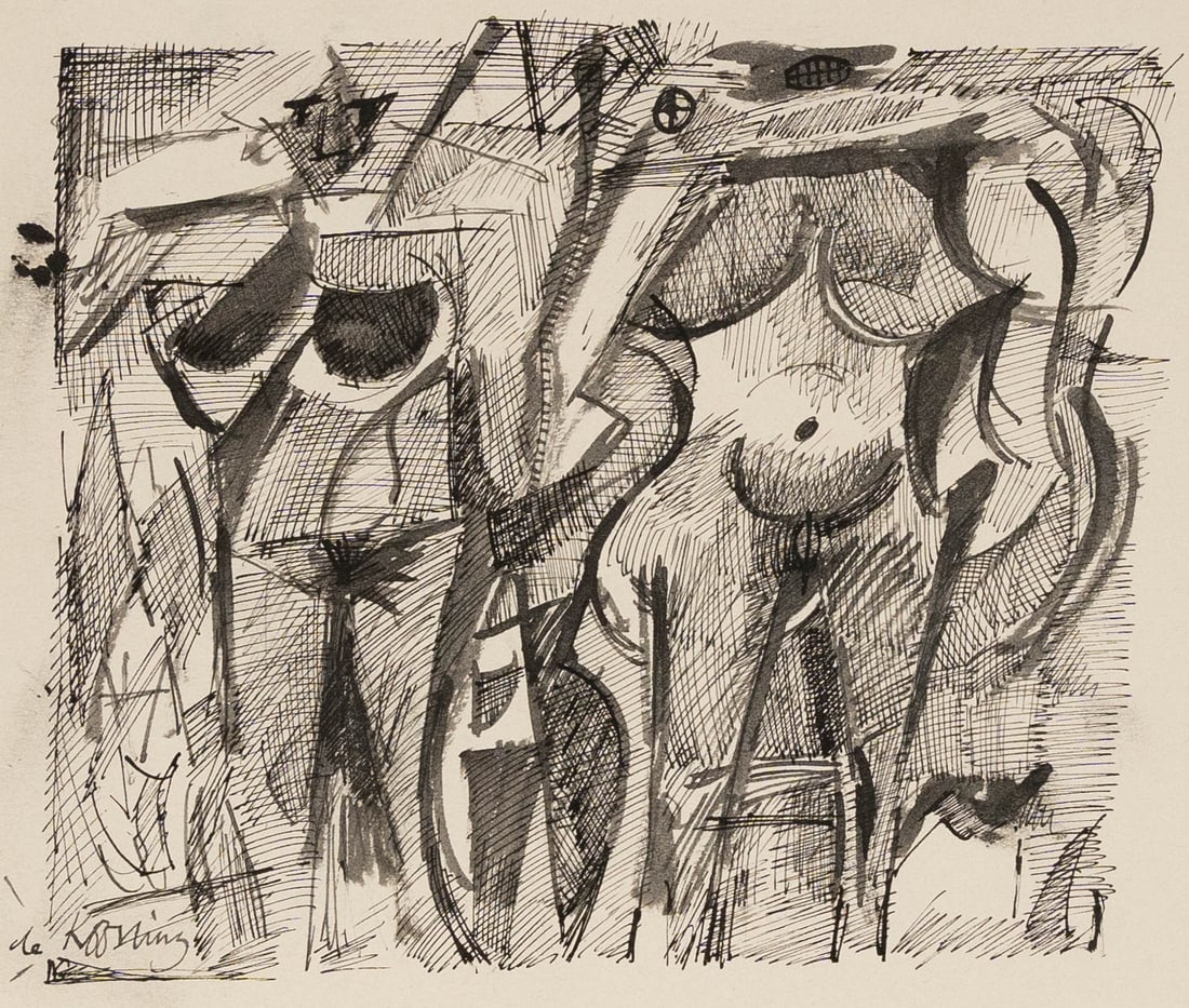 Willem de Kooning (after) Pen and Ink Study of Nude Women Drawing: Signed "de Kooning" lower left". Very good as shown with no rips or repairs. Approx. sheet size 7 3/4" x 11 1/4". Approx. image size 6 1/4" x 7 1/2". This original drawing was estate found in the Wash