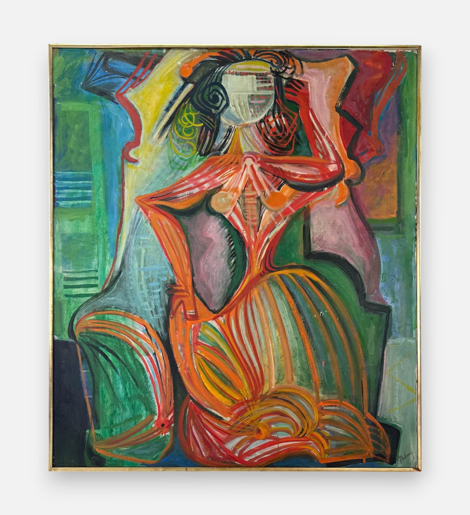 Elemer Polonyi Large Abstract Expressionist Nude Woman Acrylic on Canvas Framed Painting: Large original nude woman painting by Hungarian artist Elemer Polonyi (1911- 1991). Ca. last half 20thC. Signed lower right. Good age-appropriate condition, with some minor scuffs and scratches. Simpl