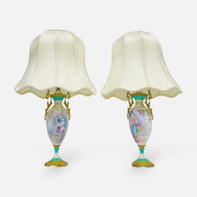 Antique French Sevres Style Hand Painted Porcelain Ormolu Urn Table Lamps