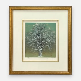 Joichi Hoshi "Great Tree in Early Spring" 1978 Japanese Woodblock Print Framed