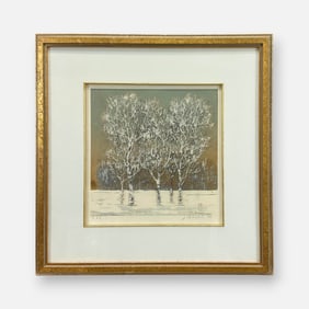 Joichi Hoshi "Clump of Trees in Winter" 1976 Japanese Woodblock Print Framed