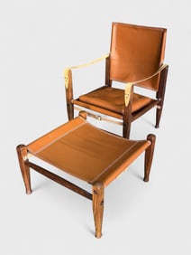 Kaare Klint Danish Modern Style Leather Safari Armchair and Ottoman MCM Set