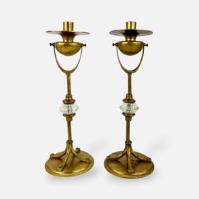 Pair Tall Vintage 20thC Brass and Glass Tiffany Style Candlesticks