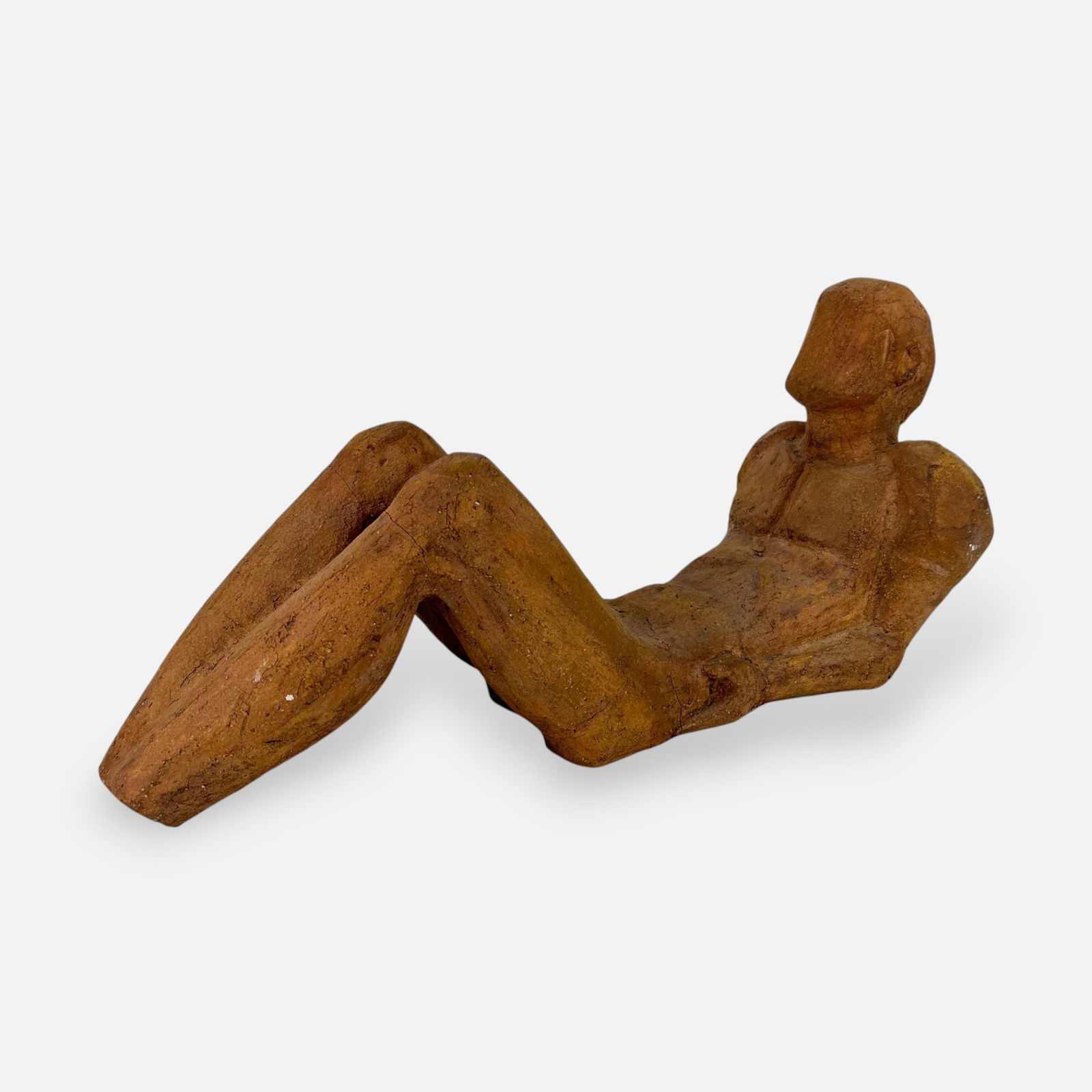 20thC Reclining Nude Male Terra Cotta Brutalist Sculpture: Apparently unsigned. With shown cracks, repaired cracks, surface discoloration, and scuffs. Simple integrated shipping with LiveAuctioneers LiveShipping is now available. Bidders may still arrange the