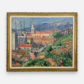 Original European Architectural Landscape Acrylic on Canvas Framed 1950s Painting
