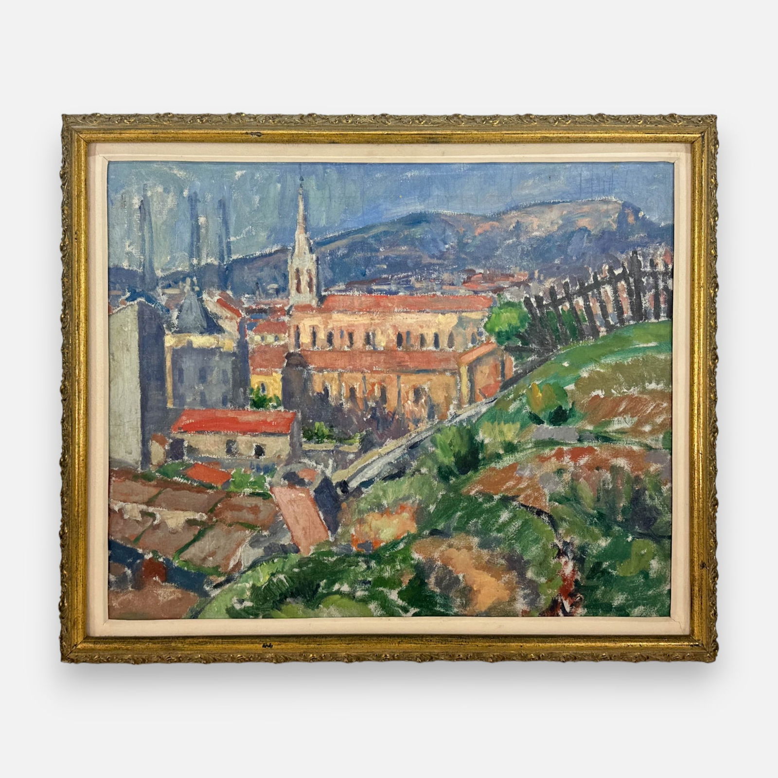 Original European Architectural Landscape Acrylic on Canvas Framed 1950s Painting (1 of 6)