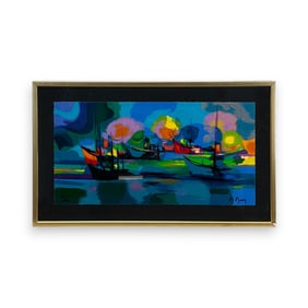Marcel Mouly "La Mouillage aux Nuages Roses" Color Lithograph Framed Print