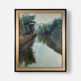 Oil on Board Framed River Landscape Painting Illegibly Signed