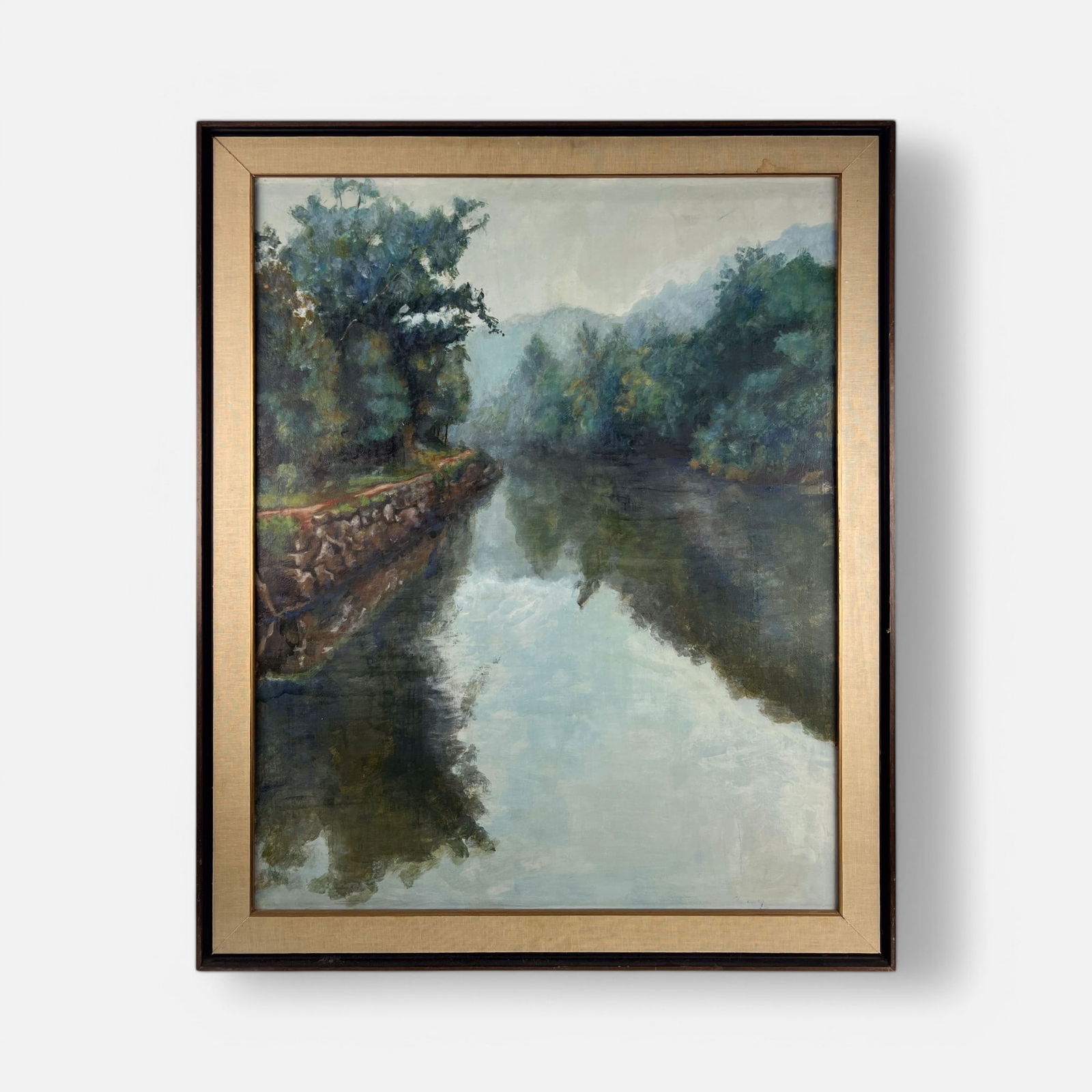 Oil on Board Framed River Landscape Painting Illegibly Signed (1 of 9)