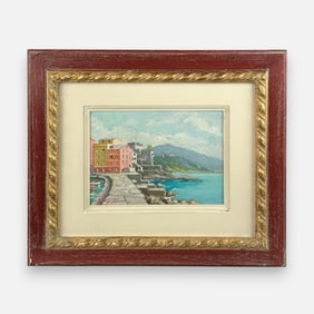 Gino Grignani "Scorcio Suggestivo" Italian Coastal Cityscape Oil on Board Framed Painting