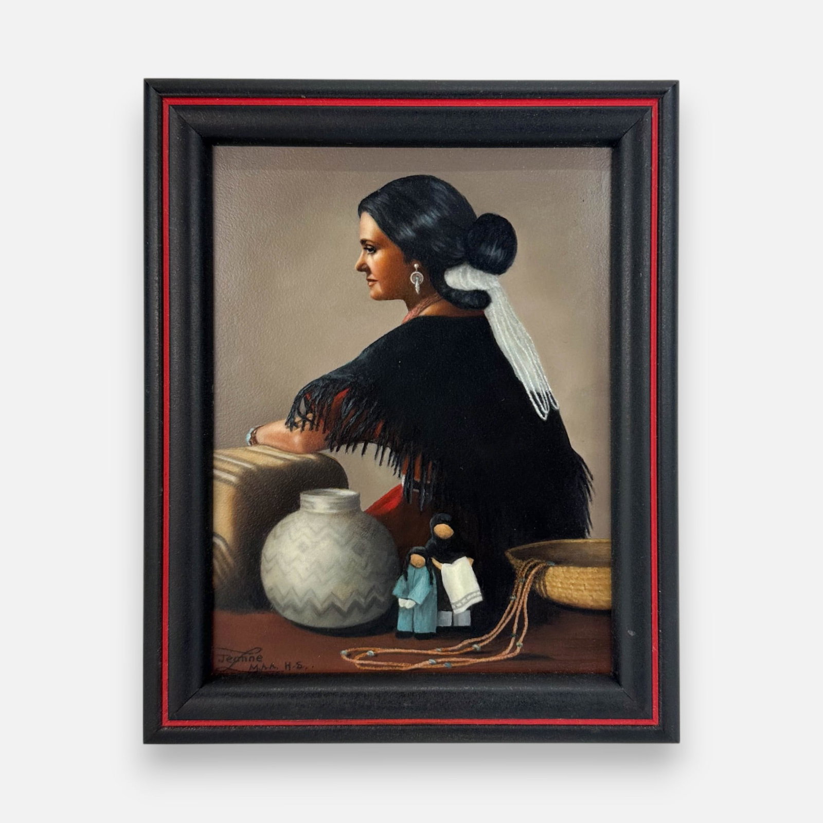 Jeanne Dunne "Sharon My Anasazi Friend" Original Oil on Board Miniature Framed Painting: Signed lower left. Very good condition as shown. Approx. sight size 4 3/4" x 3 1/2". Simple integrated shipping with LiveAuctioneers LiveShipping is now available. Bidders may still arrange their own 