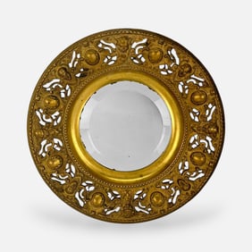 Antique Baroque Cast Gilt Bronze and Glass Round Decorative Wall Mirror