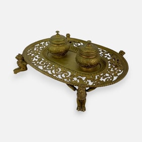 Antique Baroque Cast Gilt Bronze Double Inkwell Inkstand on Winged Lion Griffin Feet