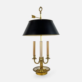French Tole Bouillotte Three-Light Table Lamp w/Gilt Brass Dish Base
