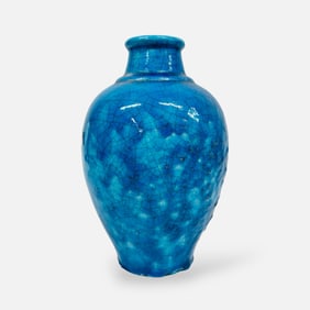 French Lachenal Art Deco Blue Crackle Glaze Stoneware Art Pottery Vase