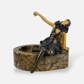 Art Deco Bronze, Marble & Celluloid Harlequin Ashtray w/Figurine