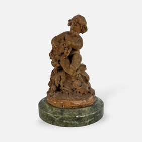 Antique French Terra Cotta Putti Sculpture on Marble Base