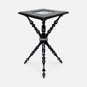 Antique Black Lacquer Side Table Plant Stand w/Inset Tile