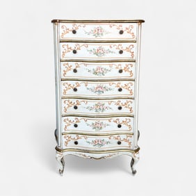 Venetian Lacquer Seven-Drawer Tall Boy Chest of Drawers w/Floral Painted Decoration