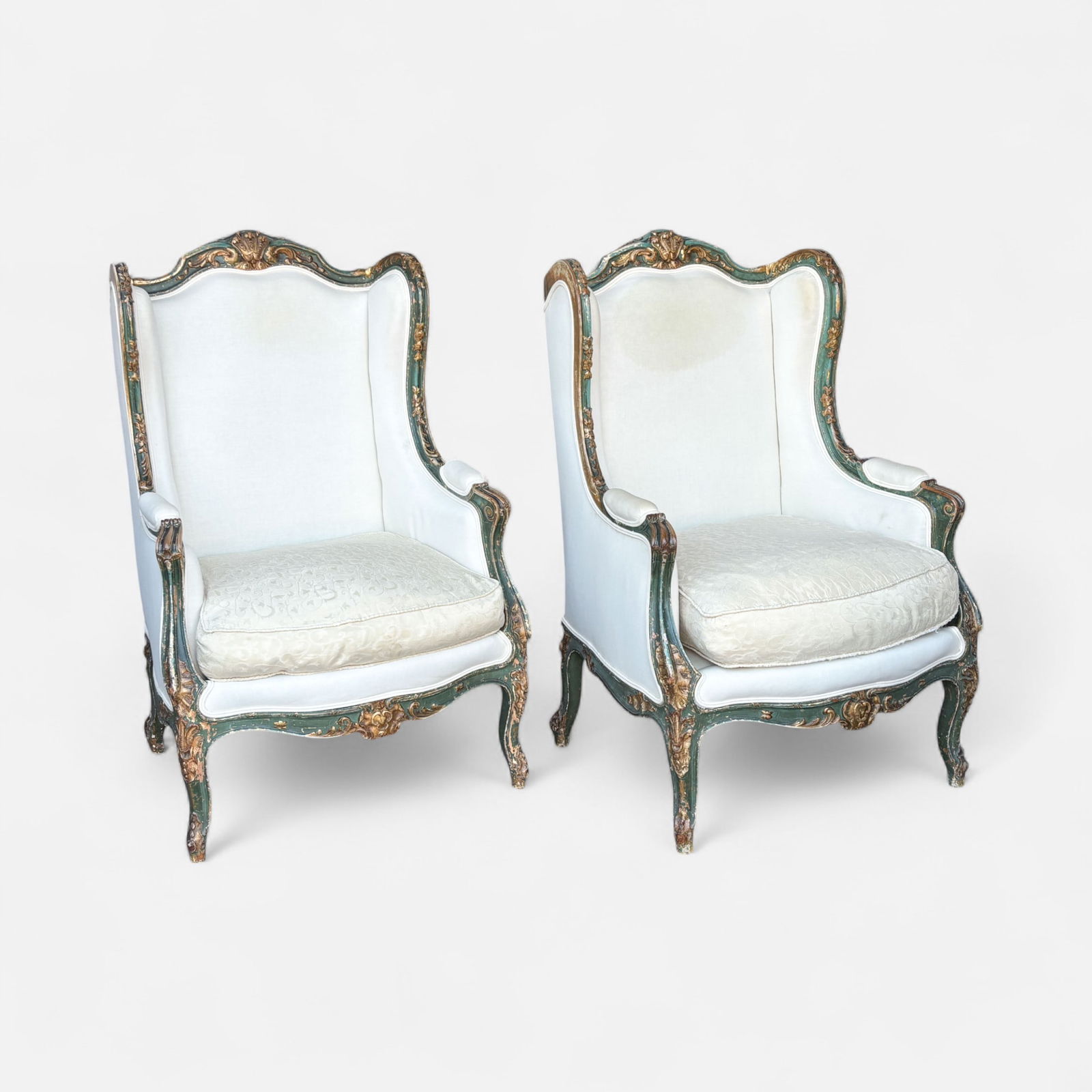 Antique Venetian Louis XV Style Bergere Windback Armchairs: Good overall condition, with shown scuffs, scratches, and discoloration. Simple integrated shipping with LiveAuctioneers LiveShipping is now available. Bidders may still arrange their own shipping whi