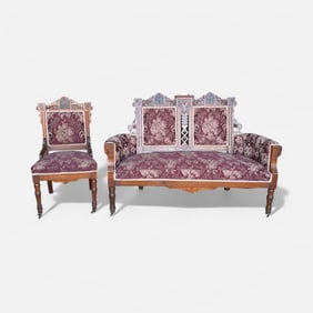 Antique American Victorian Eastlake Carved Walnut Upholstered Settee and Side Chair