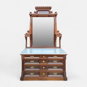 Antique American Victorian Eastlake Walnut Burl Marble Top Dresser w/Mirror