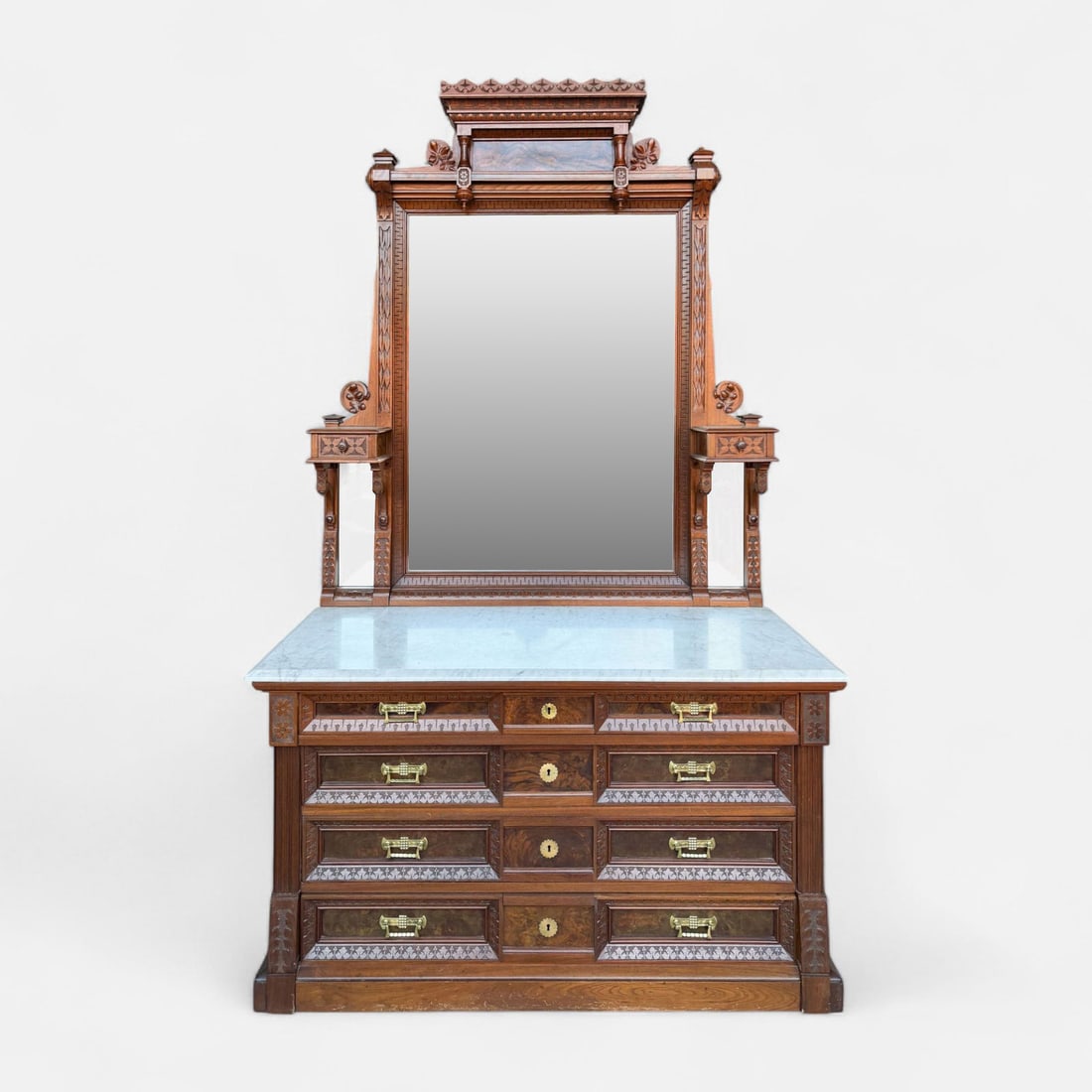 Antique American Victorian Eastlake Walnut Burl Marble Top Dresser w/Mirror (1 of 16)